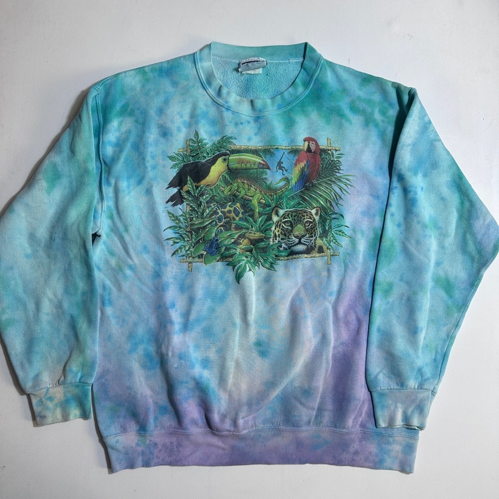 Vintage 80s Rainforest crew Tropical Wildlife Print sweatshirt- Blue and Green